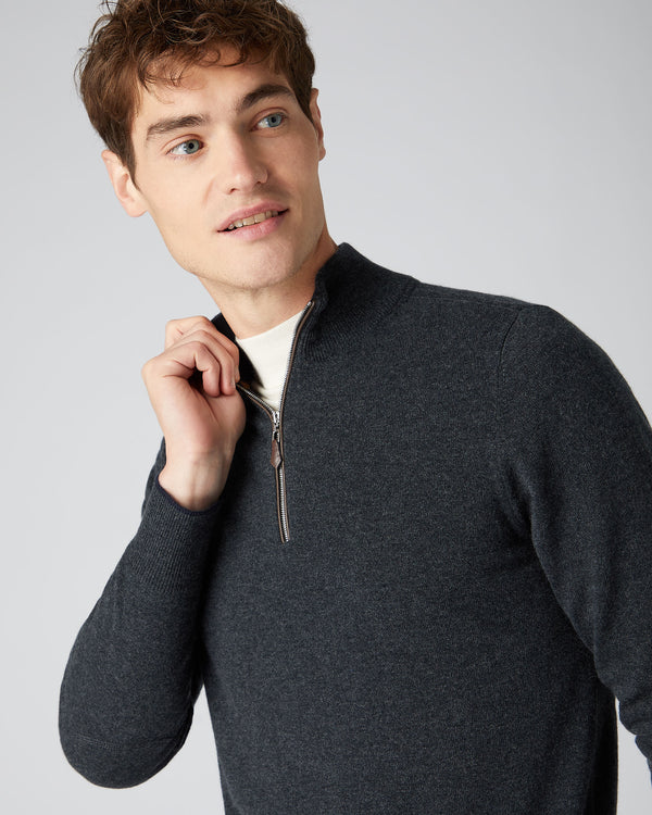 N.Peal Men's The Carnaby Half Zip Cashmere Jumper Dark Charcoal Grey