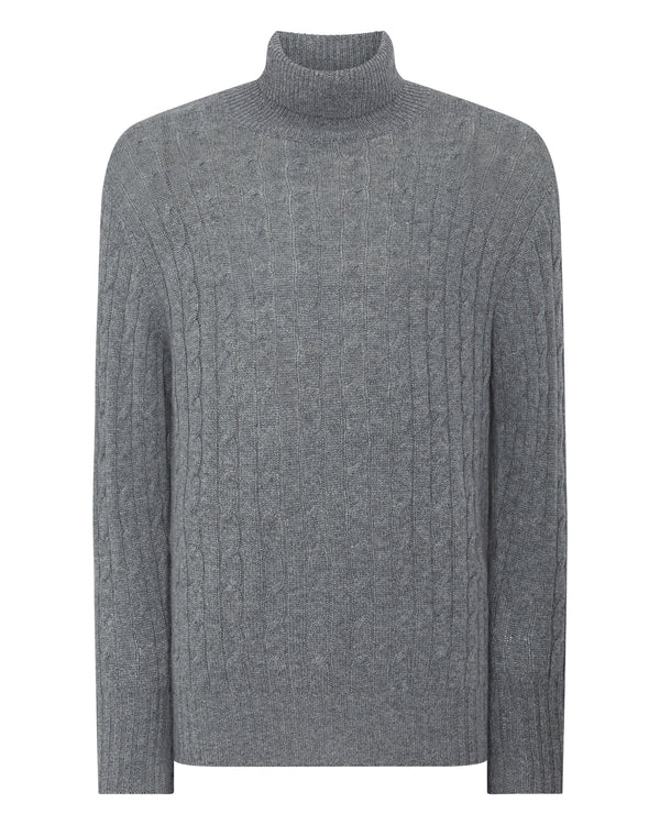 N.Peal Men's Classic Cable Roll Neck Cashmere Jumper Elephant Grey