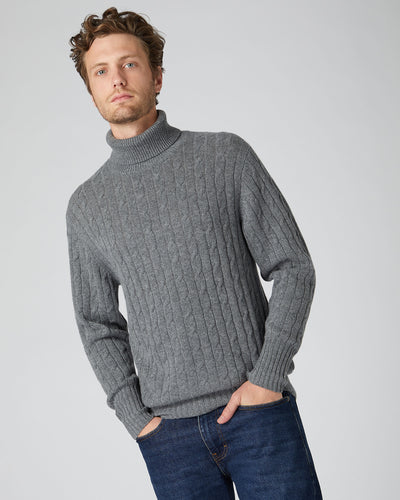 N.Peal Men's Classic Cable Roll Neck Cashmere Jumper Elephant Grey