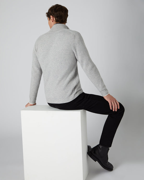 N.Peal Men's Ribbed Zip Through Cashmere Cardigan Fumo Grey