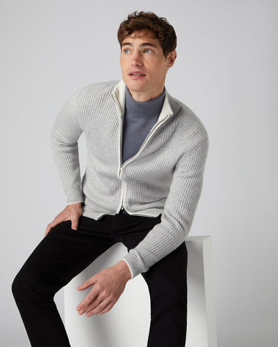 N.Peal Men's Ribbed Zip Through Cashmere Cardigan Fumo Grey