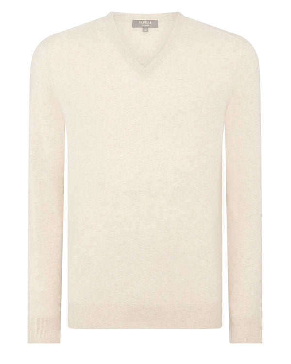 N.Peal Men's Baby Cashmere V Neck Jumper Oatmeal Brown