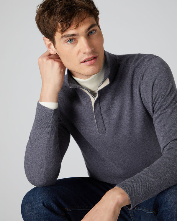 N.Peal Men's Baby Cashmere Half Zip Jumper Dark Grey
