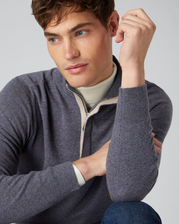 N.Peal Men's Baby Cashmere Half Zip Jumper Dark Grey