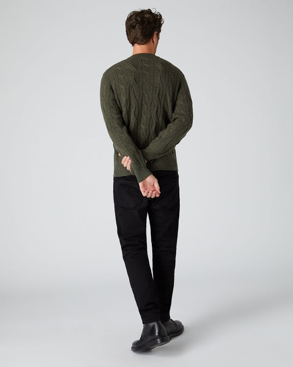 N.Peal Men's Multi Cable Round Neck Cashmere Jumper Moss Green