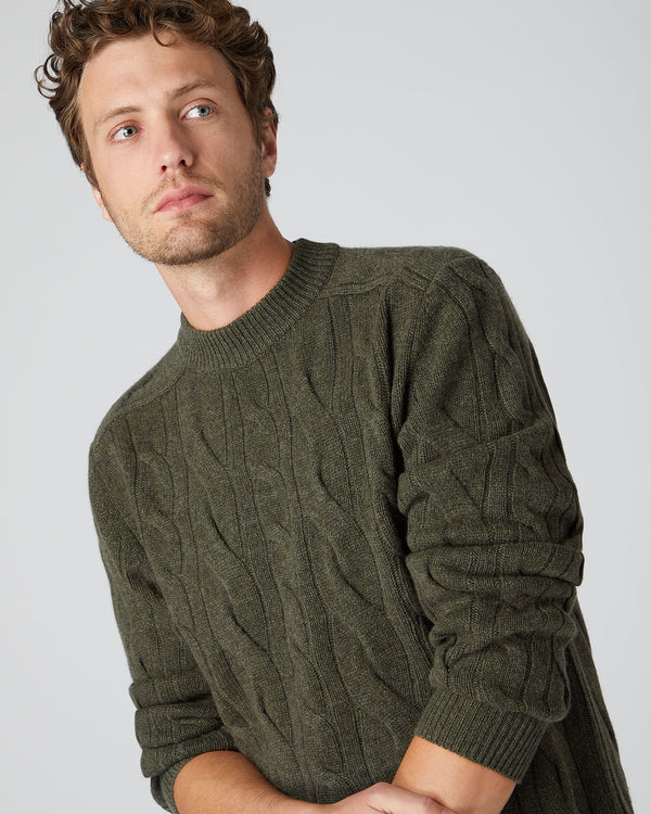 N.Peal Men's Multi Cable Round Neck Cashmere Jumper Moss Green