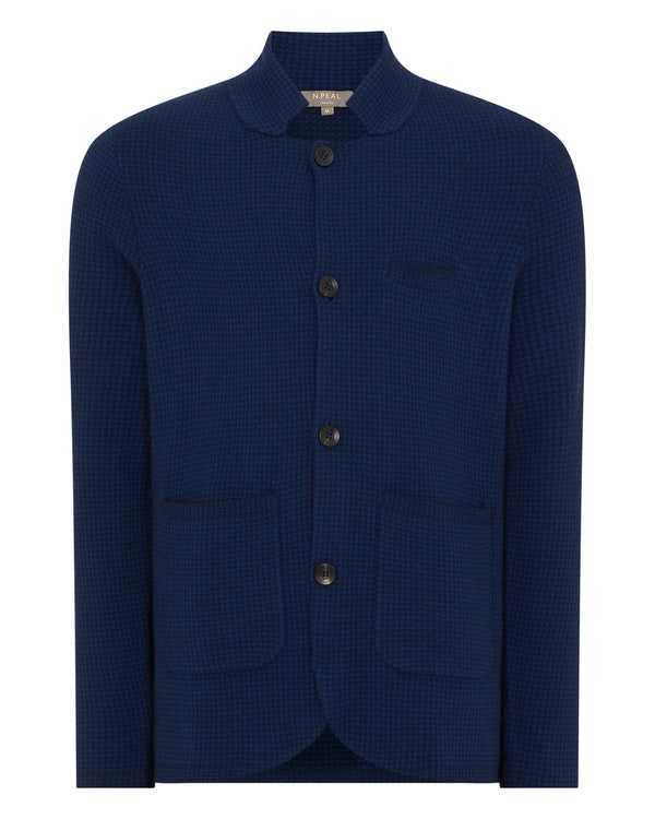N.Peal Men's Houndstooth Milano Cashmere Jacket Navy Blue