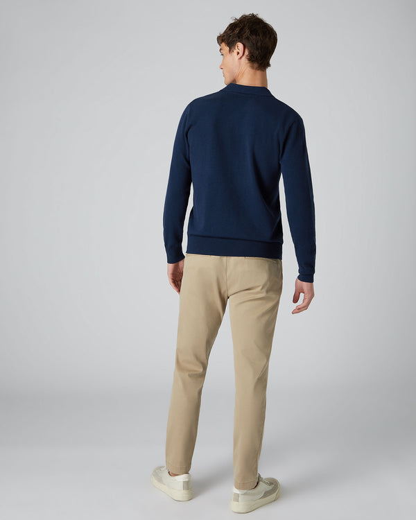 N.Peal Men's Cashmere Polo Jumper French Blue