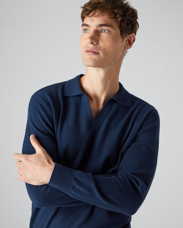 N.Peal Men's Cashmere Polo Jumper French Blue