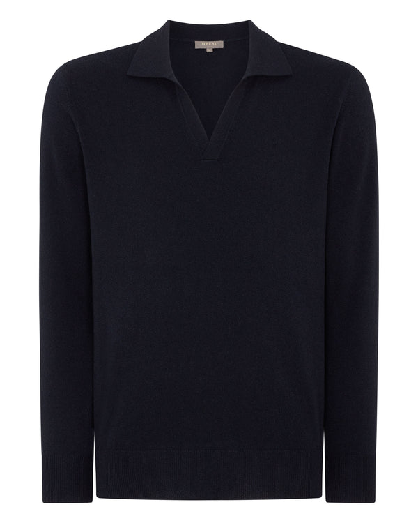 N.Peal Men's Cashmere Polo Jumper Navy Blue