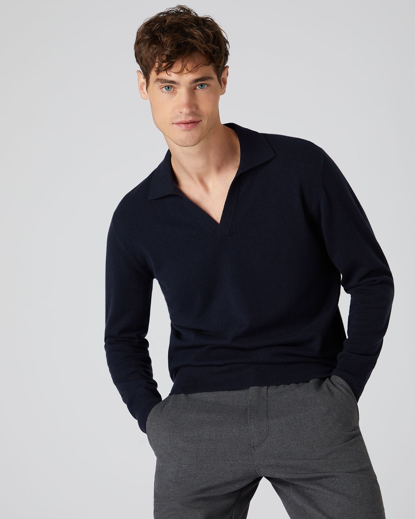Men's Cashmere Polo Jumper Navy Blue | N.Peal