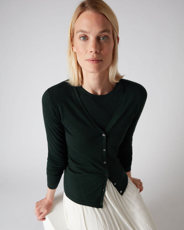 N.Peal Women's Superfine V Neck Cashmere Cardigan Midnight Green