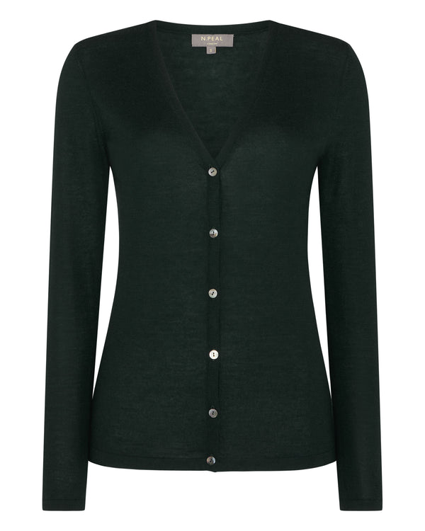 N.Peal Women's Superfine V Neck Cashmere Cardigan Midnight Green