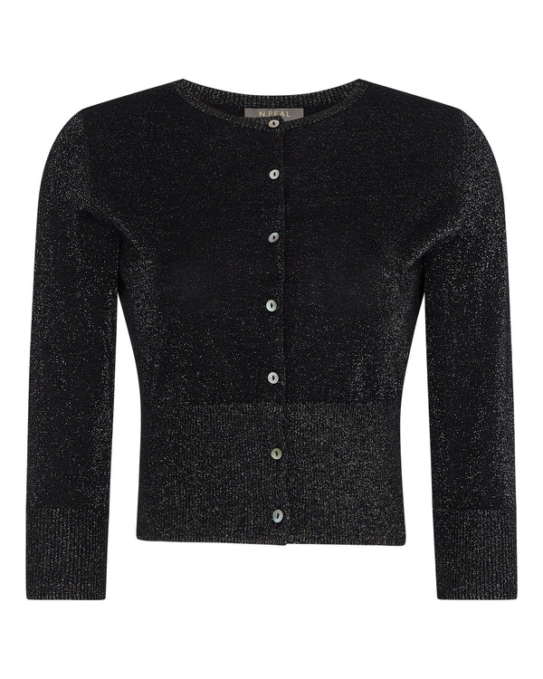 N.Peal Women's Superfine Cropped Cashmere Cardigan With Lurex Black Sparkle