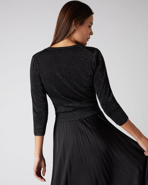 N.Peal Women's Superfine Cropped Cashmere Cardigan With Lurex Black Sparkle