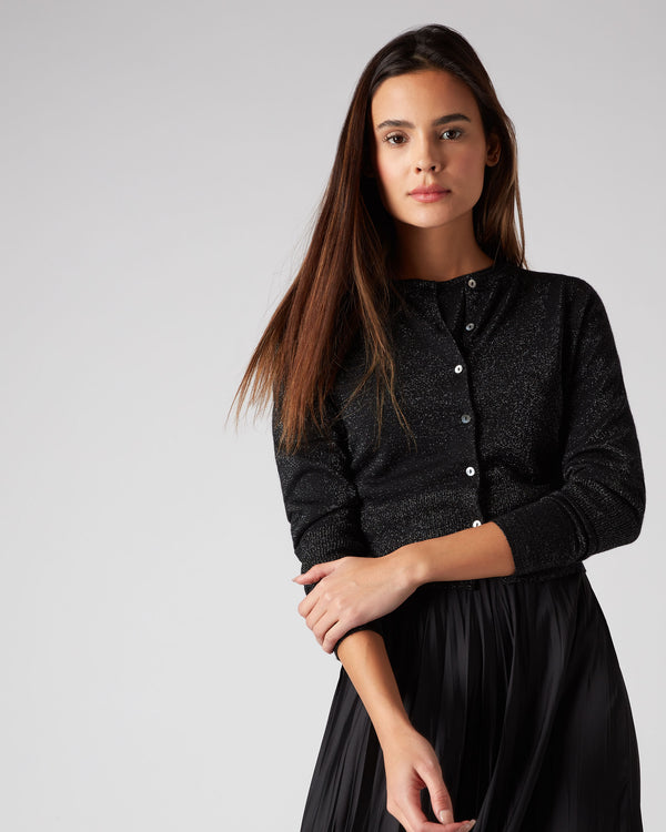 N.Peal Women's Superfine Cropped Cashmere Cardigan With Lurex Black Sparkle