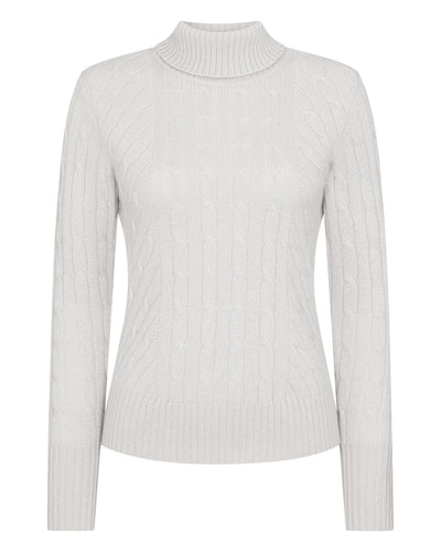 N.Peal Women's Cable Roll Neck Cashmere Jumper With Lurex Snow Grey Sparkle