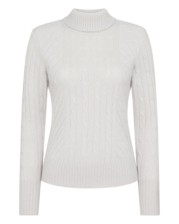 N.Peal Women's Cable Roll Neck Cashmere Jumper With Lurex Snow Grey Sparkle