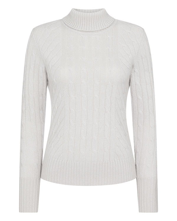 N.Peal Women's Cable Roll Neck Cashmere Jumper With Lurex Snow Grey Sparkle
