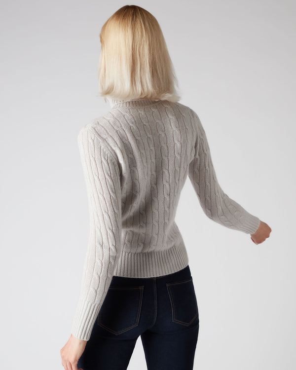 N.Peal Women's Cable Roll Neck Cashmere Jumper With Lurex Snow Grey Sparkle
