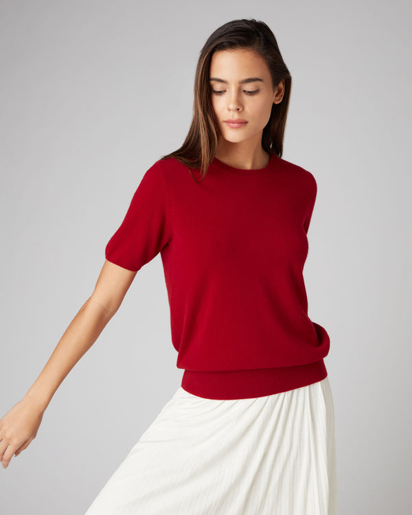 N.Peal Women's Round Neck Cashmere T Shirt Ruby Red