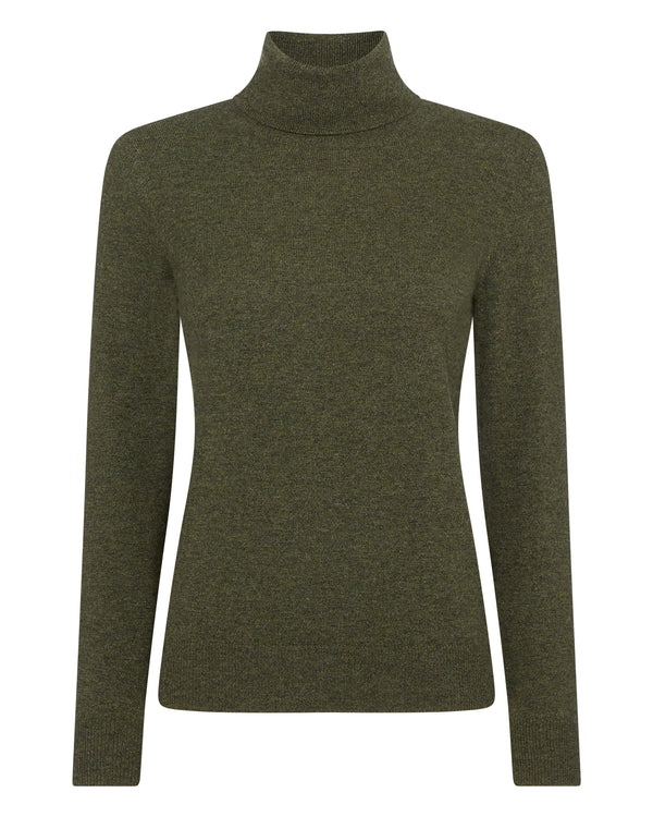 N.Peal Women's Polo Neck Cashmere Jumper Moss Green