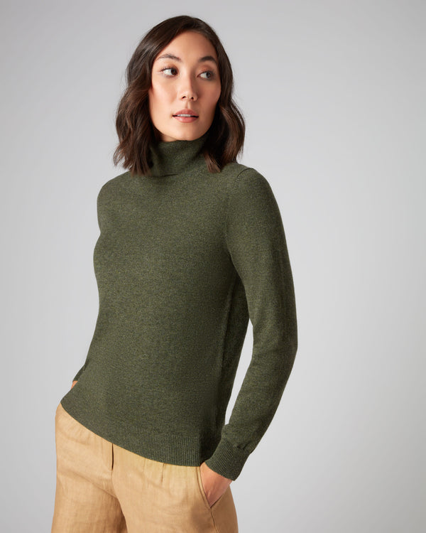 N.Peal Women's Polo Neck Cashmere Jumper Moss Green