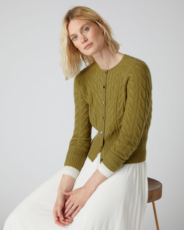 N.Peal Women's Cable Cashmere Cardigan Chartreuse Green