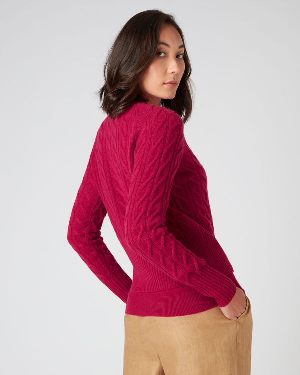 N.Peal Women's Cable Cashmere Cardigan Raspberry Pink