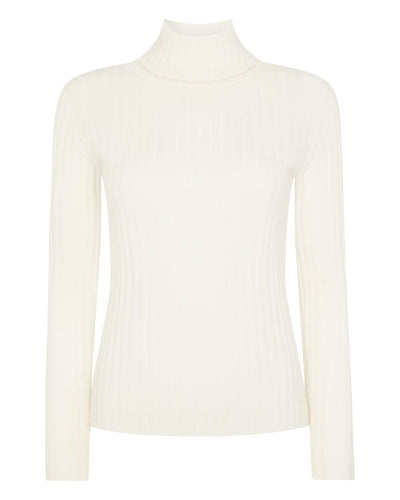 N.Peal Women's Ribbed Roll Neck Cashmere Jumper New Ivory White