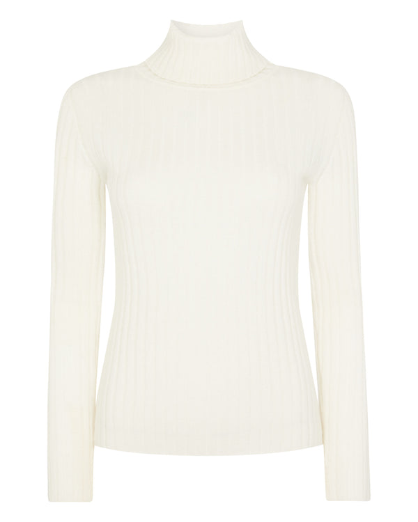 N.Peal Women's Ribbed Roll Neck Cashmere Jumper New Ivory White