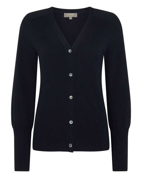 N.Peal Women's V Necked Cashmere Cardigan Navy Blue