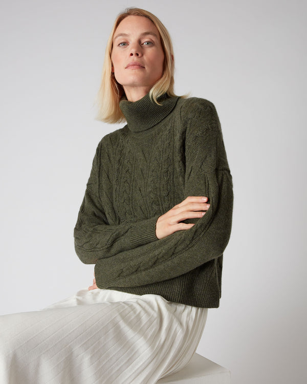 N.Peal Women's Multi Cable Roll Neck Cashmere Jumper Moss Green