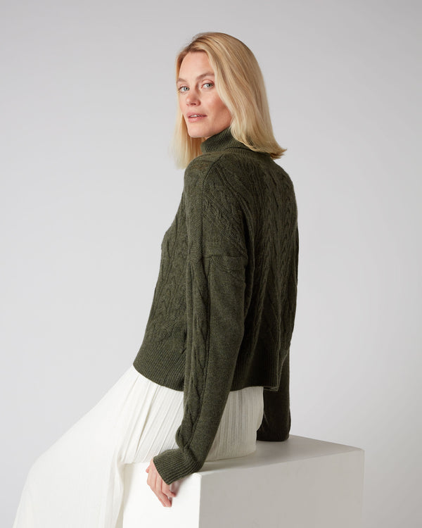N.Peal Women's Multi Cable Roll Neck Cashmere Jumper Moss Green