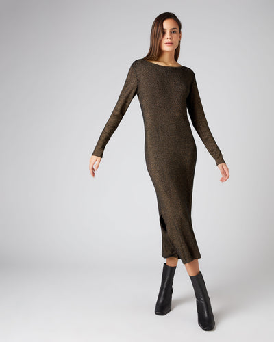N.Peal Women's Lurex Scoop Back Dress Copper Brown Sparkle