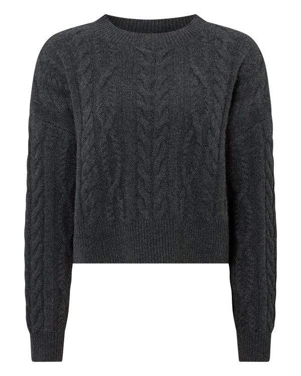 N.Peal Women's Crop Cable Cashmere Jumper Dark Charcoal Grey