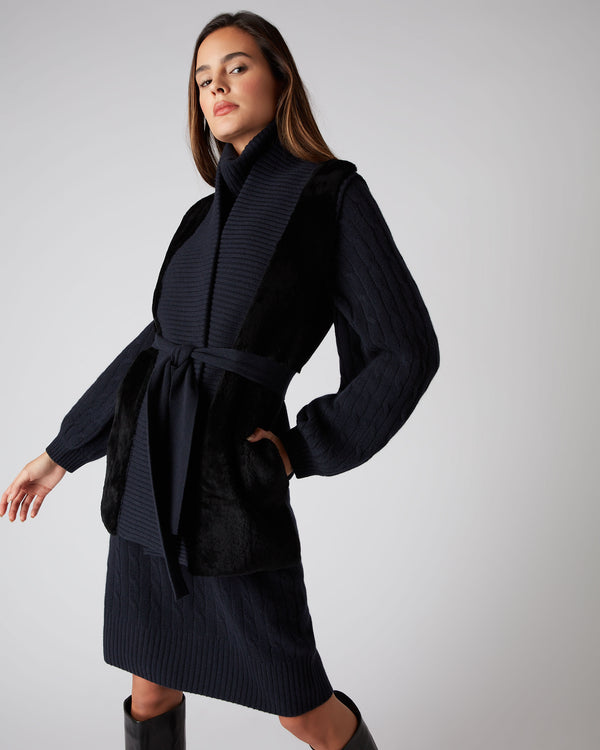 N.Peal Women's Shearling Belted Cashmere Gilet Navy Blue