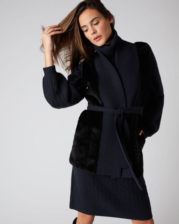N.Peal Women's Shearling Belted Cashmere Gilet Navy Blue