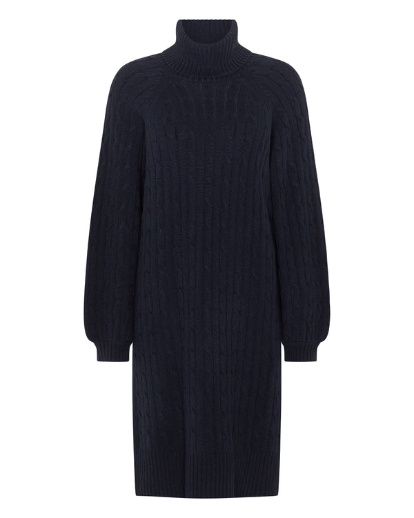N.Peal Women's Roll Neck Cable Cashmere Dress Navy Blue