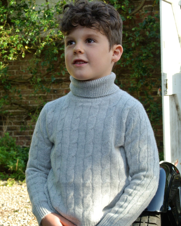 N.Peal Boys Cable Roll Neck Cashmere Jumper Fumo Grey