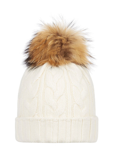 N.Peal Unisex Chunky Cable Cashmere Pom Hat New Ivory White
