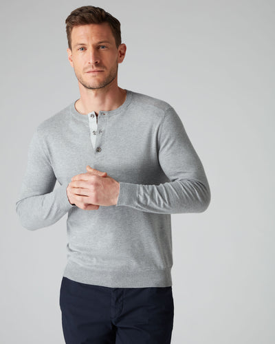 N.Peal 007 Round Neck Cotton Cashmere Henley Light Grey