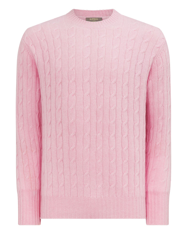 N.Peal Men's The Thames Cable Cashmere Jumper Flamingo Pink