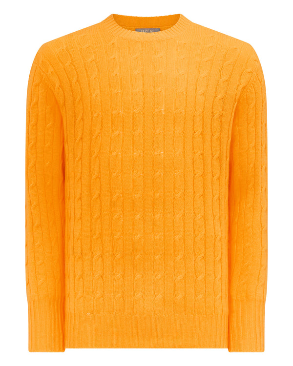 N.Peal Men's The Thames Cable Cashmere Jumper Satsuma Orange