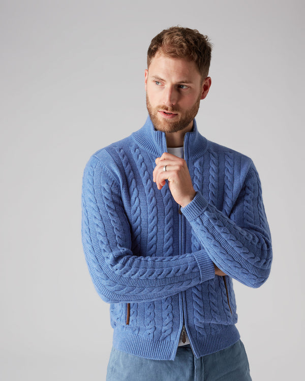 N.Peal Men's The Richmond Cable Cashmere Cardigan Cruise Blue