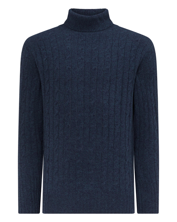 N.Peal Men's Classic Cable Roll Neck Cashmere Jumper Imperial Blue