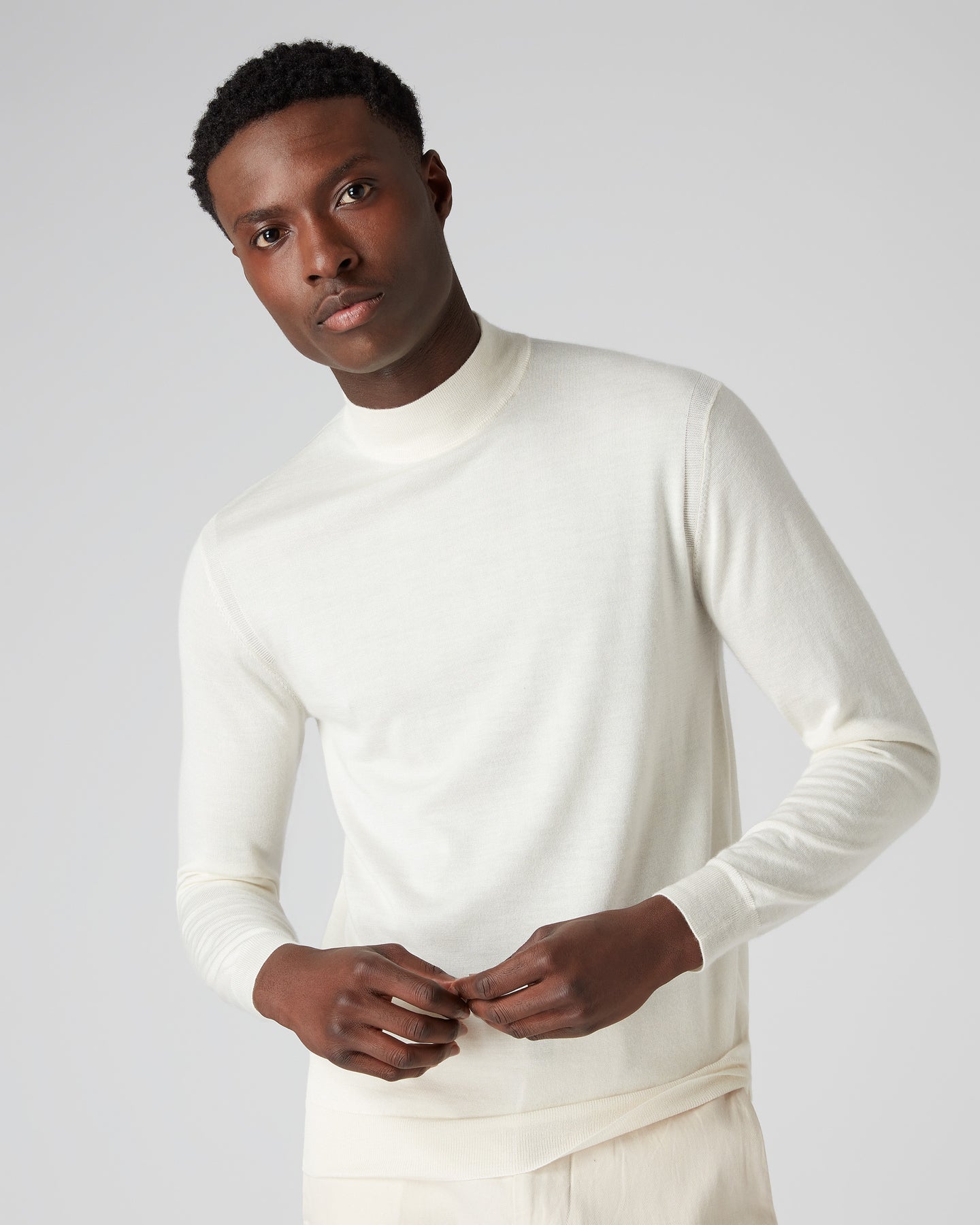Men's Fine Gauge Cashmere Mock Turtle Neck Jumper New Ivory White | N.Peal