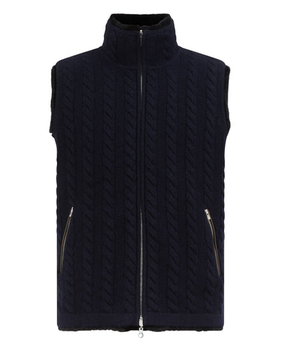 N.Peal Men's Cable Fur Lined Gilet Navy Blue