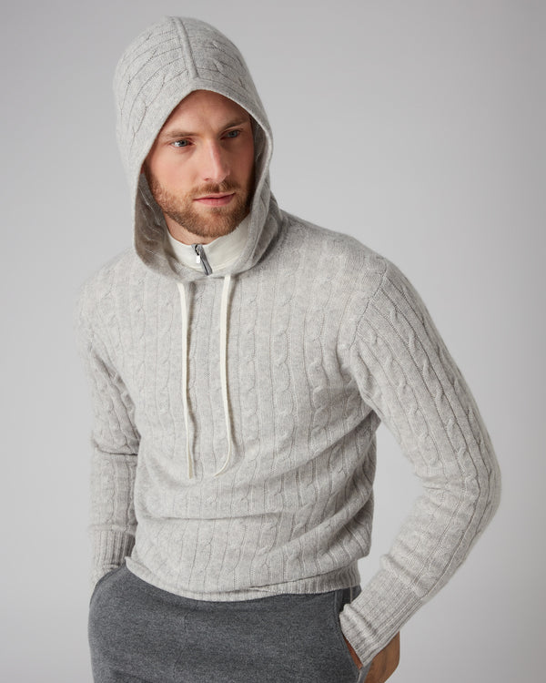 N.Peal Men's Cable Cashmere Hoodie Fumo Grey