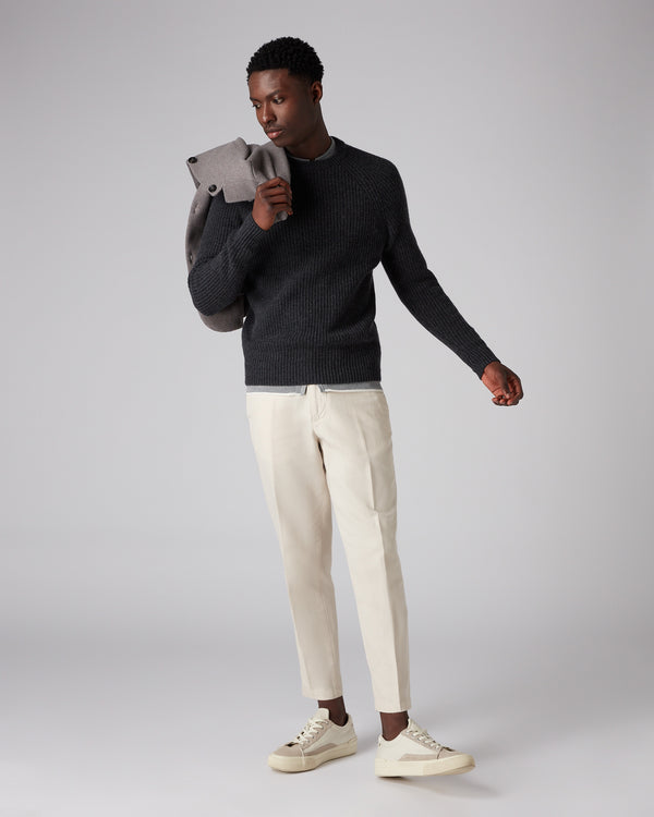 N.Peal 007 Fishermans Rib Round Neck Jumper Dark Charcoal Grey